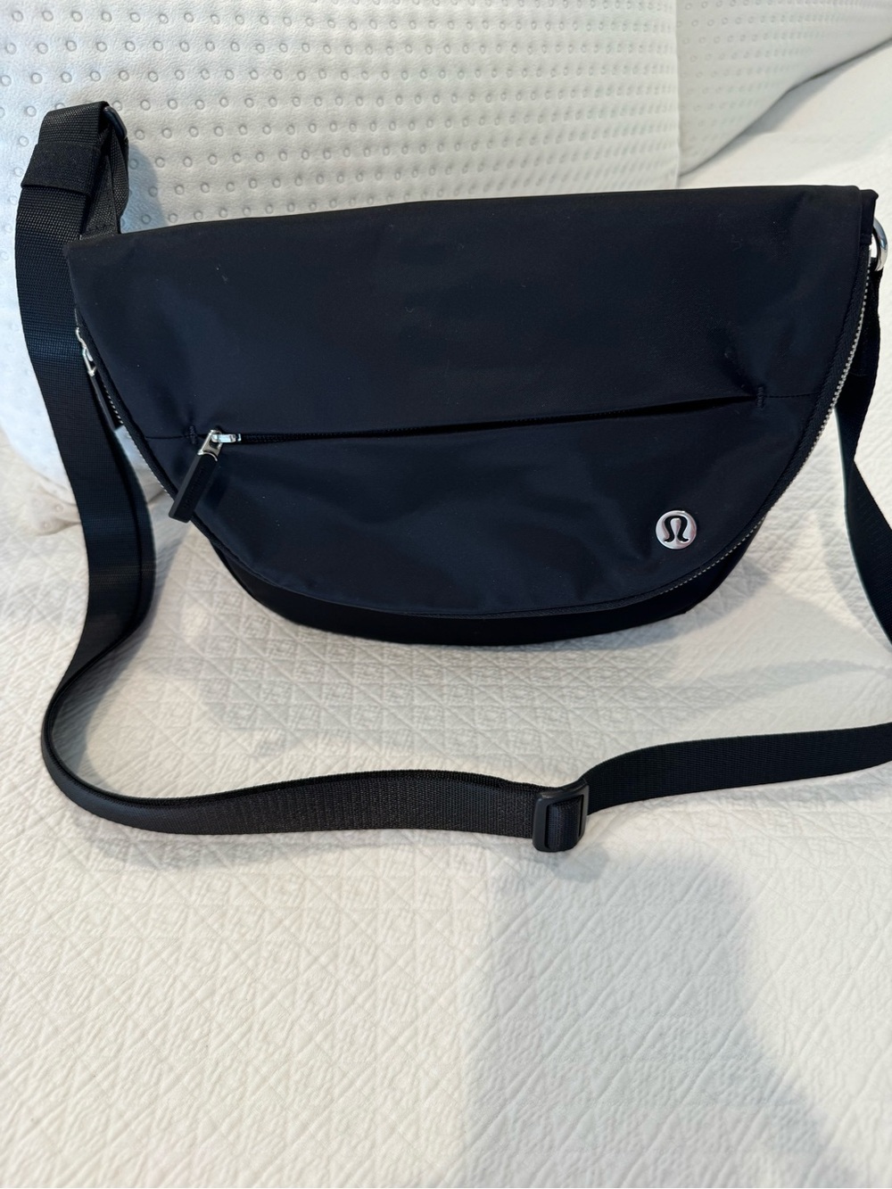 Lululemon All Night Festival Bag, black 
nylon fabric, front zipper pocket